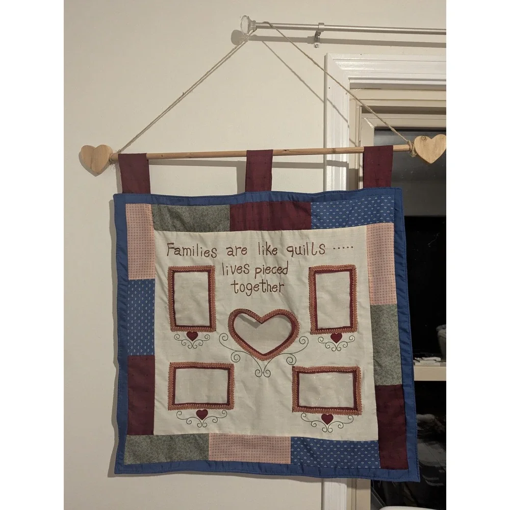 Families are Like Quilts Photo Hanging Display Wooden Heart Accents Multicolored